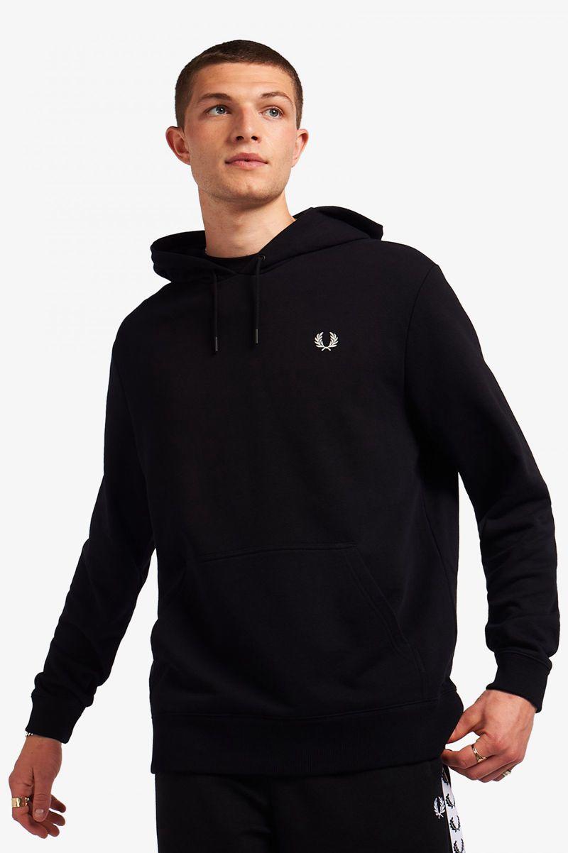 Black Fred Perry Printed Patch Hooded Sweatshrt Men's Sweatshirts | PH 1599EBCX